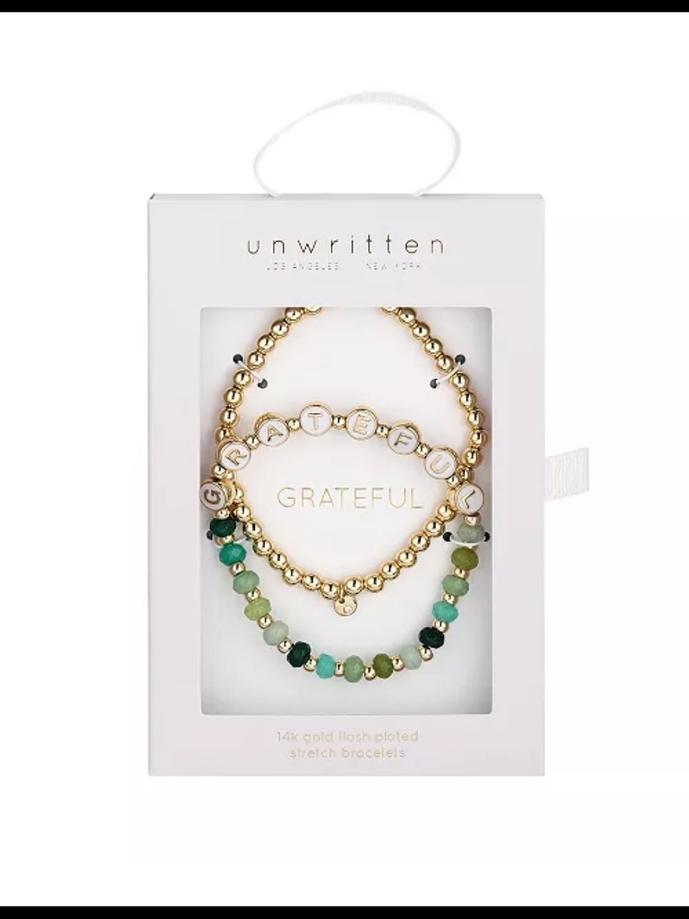 Unwritten Gold & Green Bead Bracelet Trio with 'GRATEFUL' Detail